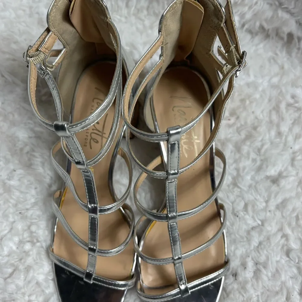 Nanette Lepore metallic silver T ankle straps sandals back zipper block 2” heels